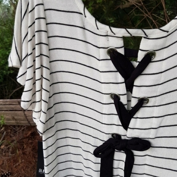A.N.A. Ivory Cream Black Striped Lace Ties Back Top Tunic Comfy Blouse Summer - Picture 2 of 12